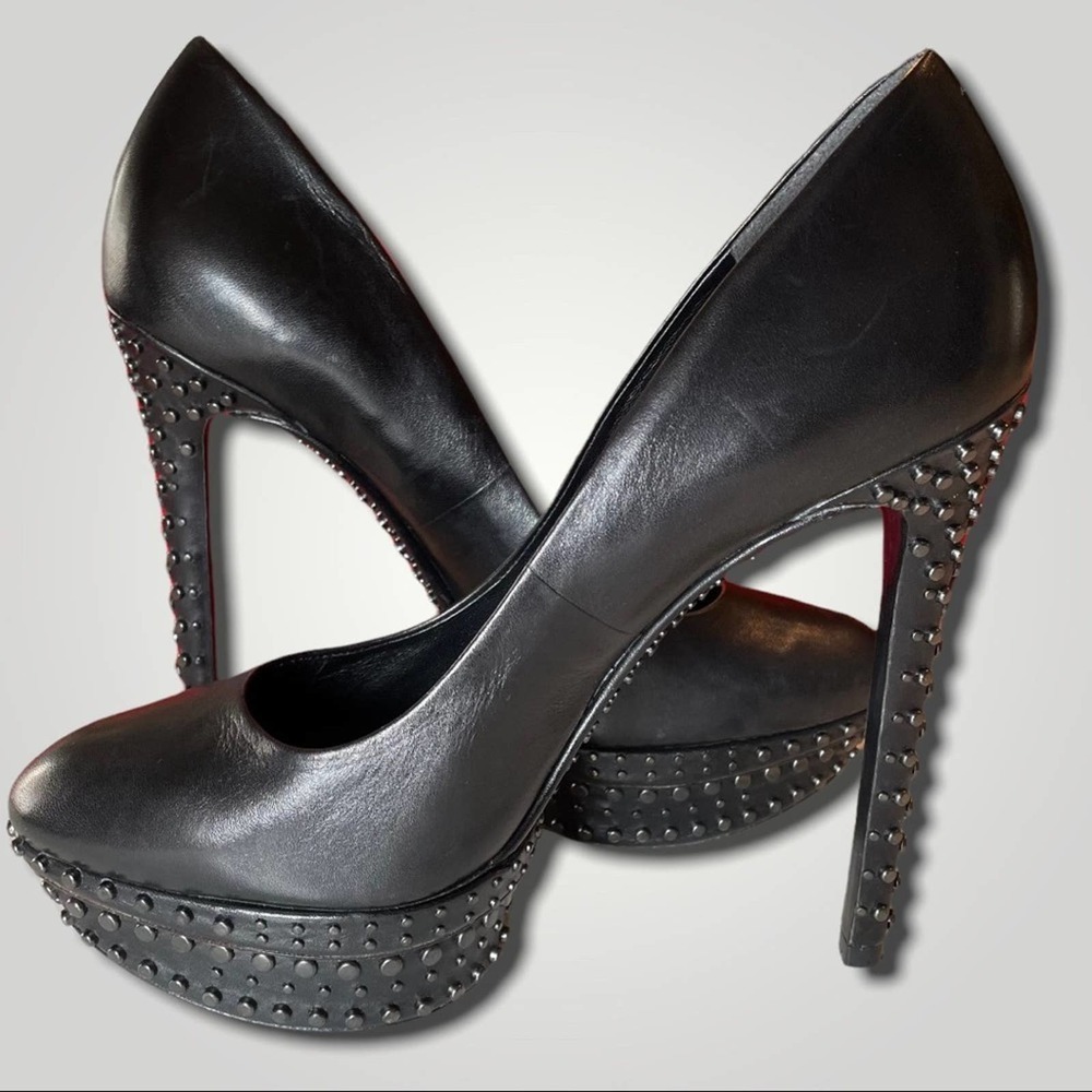 BRIAN ATWOOD EDGY SEXY BISHING PLATFORM LEATHER STUDDED HEELS PUMPS BLACK - 8.5